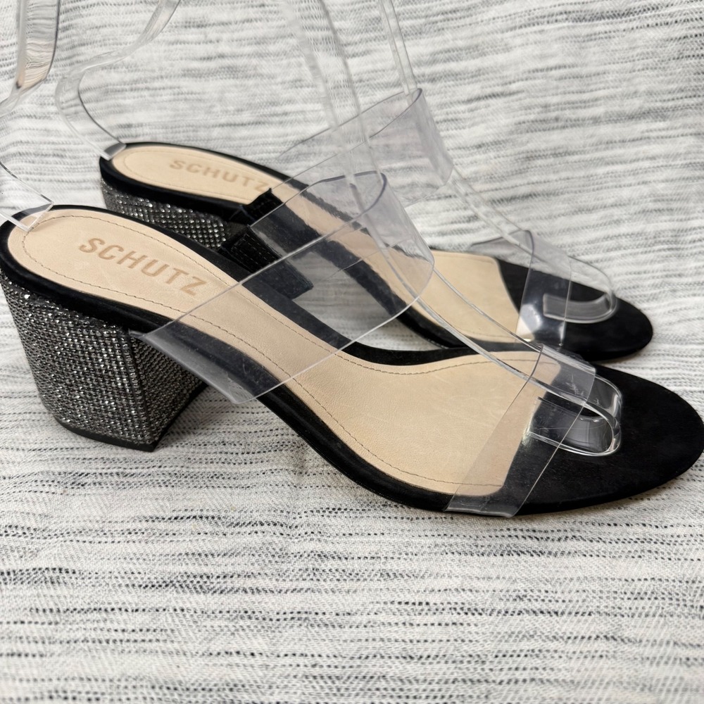 Schutz Black Suede Rhinestone Block Heel Clear Strap Formal Sandals 8 Dressy